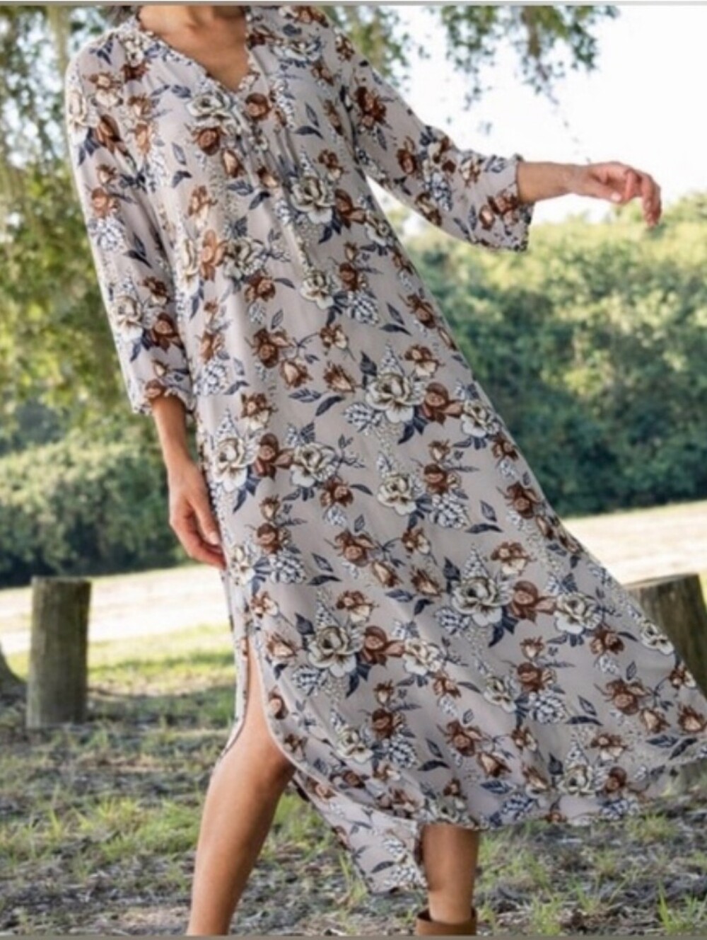 NATURAL LIFE Beige Floral Midi Dress with Brown & White Accents